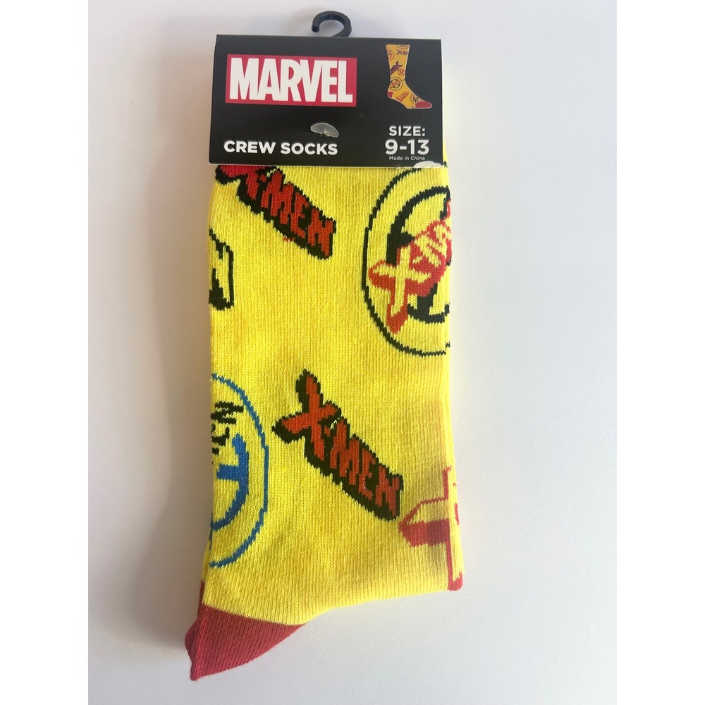 Marvel X-Men Crew Socks Mens Size 9-13 Yellow Red Logo Graphic All Over Print